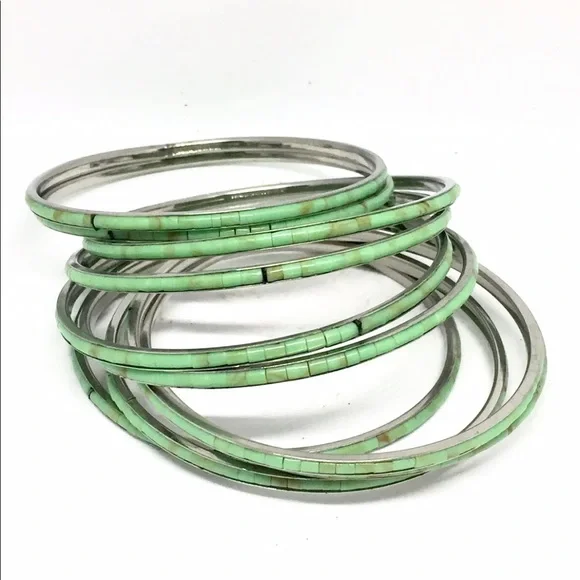 Stack Of 10 Bangles Bracelets Inlaid She’ll Handmade Turquoise - Picture 4 of 14